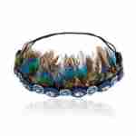 1920's Flapper Beaded Blue Headband With Peacock Feathers