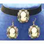 Cameo Necklace & Earrings- Black