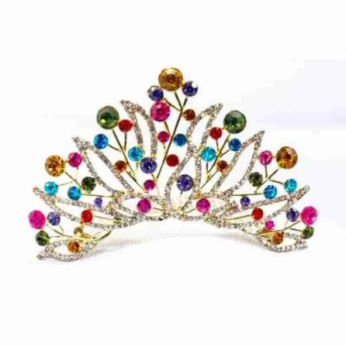 Crown Tiara With Rhinestones Multi Coloured