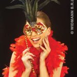 Elegance Eyemasks with Feathers and Stick - Red/Gold