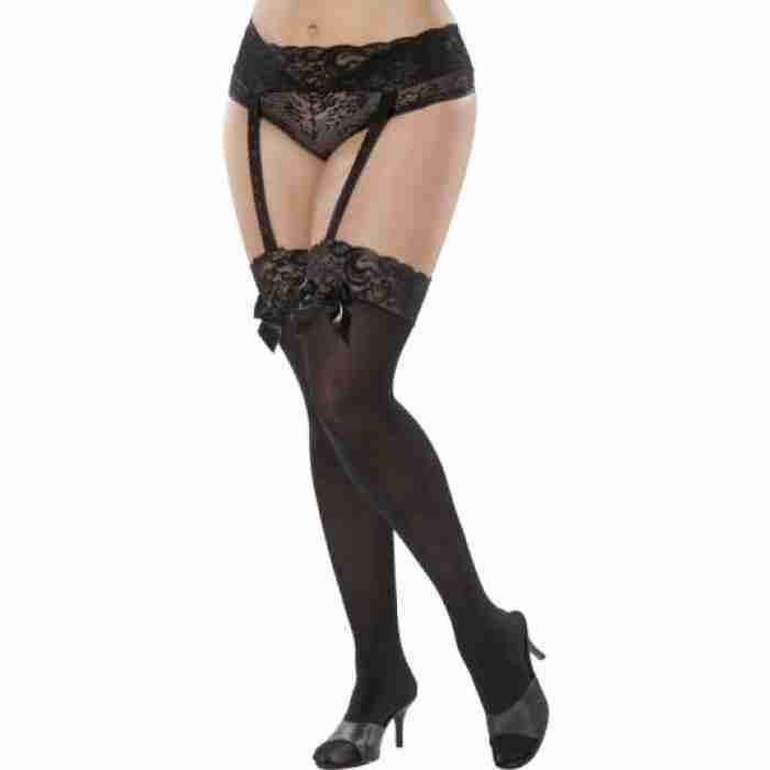 Plus Size Thigh High Stockings Black w Garters 30407