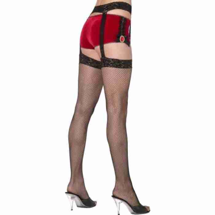 Thighb High Stockings Black Fishnet w Garters 30410