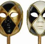 Venetian Full Face Mask w/ Stick - Black/Gold, Black/White.