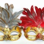 Venetian Mask w/ Feathers (Childrens Size - Grey/Red)