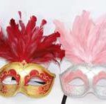 Venetian Mask w/ Feathers - Red/Pink