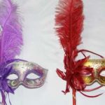 Venetian Mask w/ Long Feathers - Lilac/Red