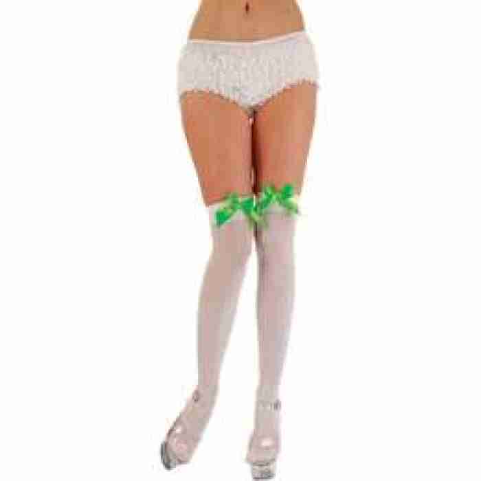 White Thigh Highs w Green Satin Bow TS7052