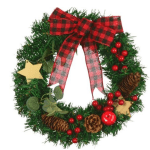 30cm (12 INCH) CHRISTMAS WREATH WITH BOW STARS CONES AND BERRIES GREEN/RED