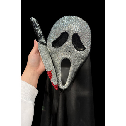 Silver Deluxe Jewelled Ghost Mask & Knife Set Halloween